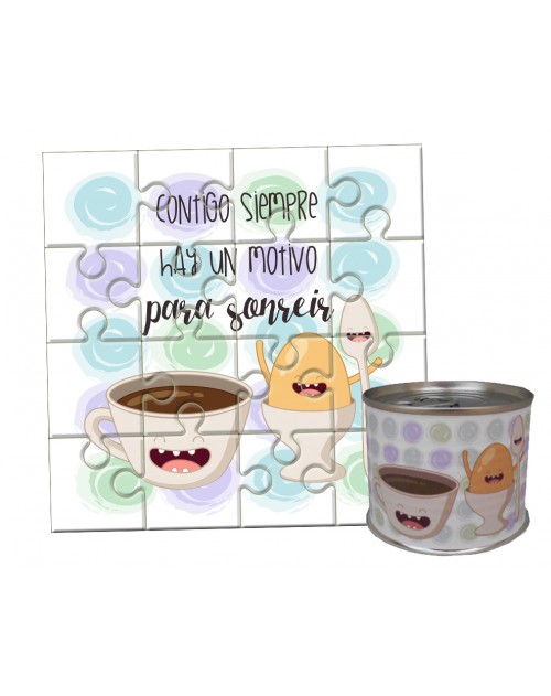 Puzzle con la frase "Contigo siempre hay un motivo para sonreir" en lata