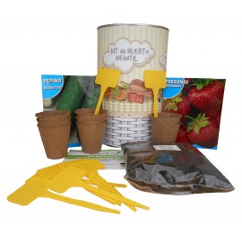Kit de huerto infantil en lata con semilleros, tierra turba, semillas fresones, semillas pepino y marcaje