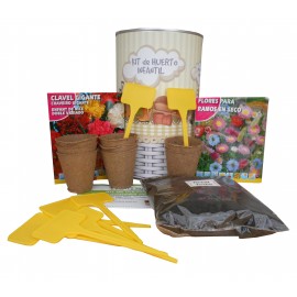Kit de huerto infantil con semilleros, tierra turba, semillas ramos secos, semillas clavel gigante y marcaje de semilleros