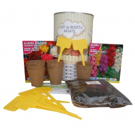 Kit de huerto infantil con semilleros, tierra turba, semillas Alheli, clavel gigante, y marcaje de semilleros