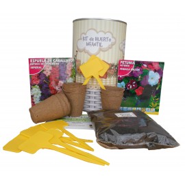 Kit de huerto infantil con semilleros, tierra turba, Petunia, Espuela de Caballero y marcaje de semilleros