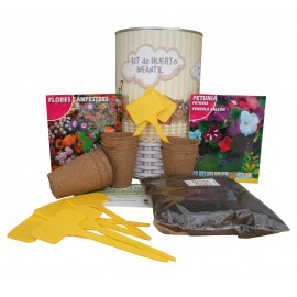 Kit de huerto infantil con semilleros, tierra turba, Petunia, flores Caspestres y marcaje