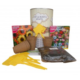 Kit de huerto urbano infantil con semilleros, tierra turba, semillas Girasol, semillas Ramos secos y marcaje de semilleros