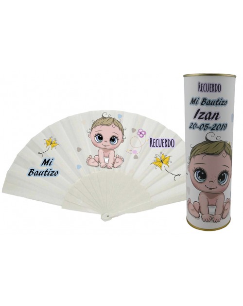 Abanico Bautizo bebé de varillas de plástico sin personalizar en lata personalizada