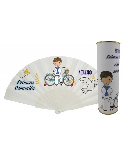 Abanico de varillas de plástico personalizado Comunión niño con bicicleta en lata PERSONALIZADA
