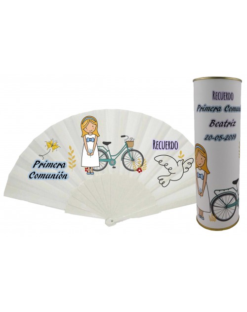 Abanico de varillas de plastico sin personalizar Comunión niña con bicicleta en lata PERSONALIZADA