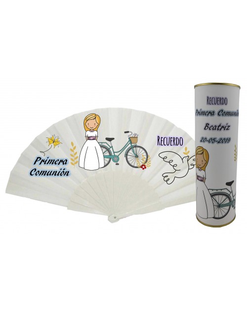 Abanico de varillas de plastico sin personalizar Comunión niña con bicicleta y paloma en lata PERSONALIZADA