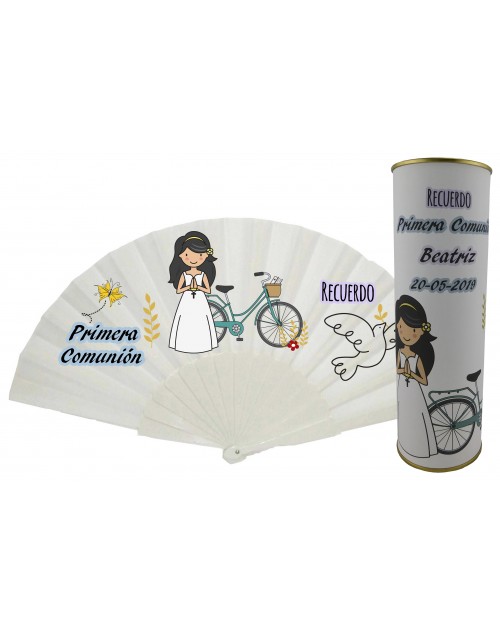 Abanico de varillas de plastico sin personalizar Comunión niña rezando con bicicleta en lata PERSONALIZADA