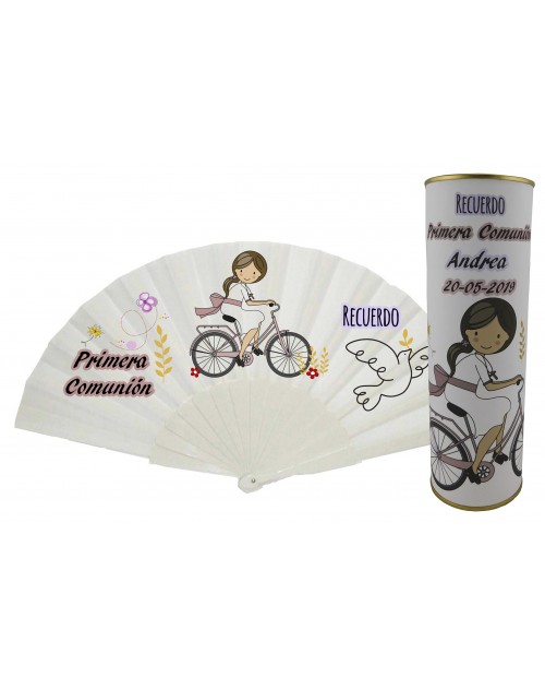 Abanico de varillas de plastico sin personalizar Comunión niña en bicicleta en lata PERSONALIZADA