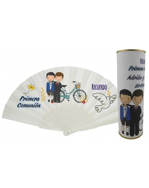 Abanico de varillas de plastico sin personalizar Comunión niños gemelos con bicicleta en lata PERSONALIZADA