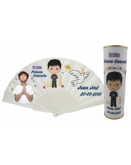 Abanico varillas de plastico PERSONALIZADO con foto y texto de Recuerdo Primera Comunion niño rezando y con paloma en lata
