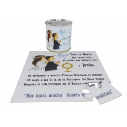 Invitacion Comunion niña y niño rezando en puzzle con texto en lata personalizada